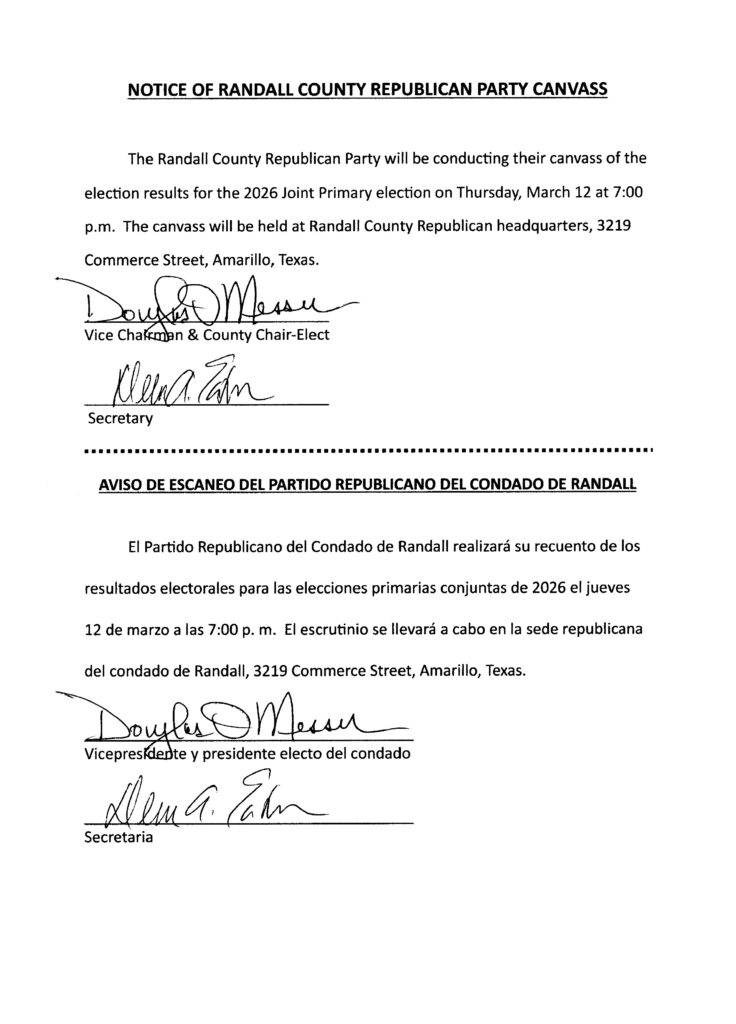 Notice of Randall County Republican Party Canvass 2026